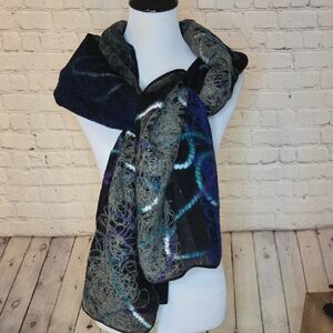 Multicolor Felted Wool Wrap Scarf in Black, Blue & Gray